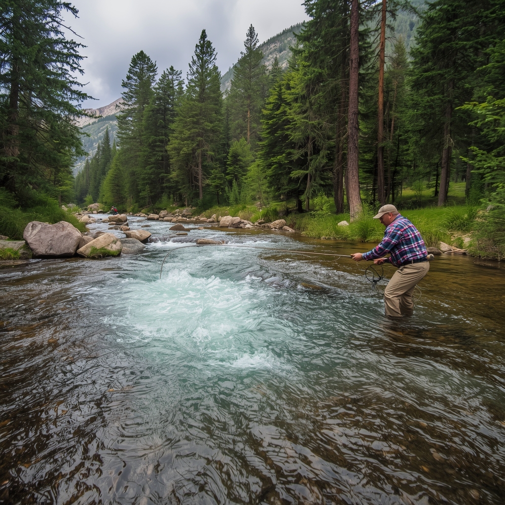 Action shot of a fly fisherman casting a line into a crystal clear rushing mountain river, surrounded by pine trees, nature photography